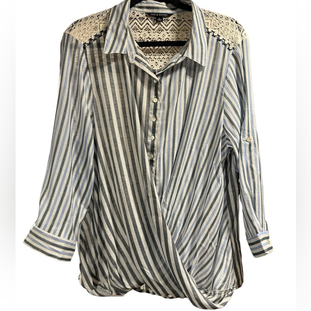 Zac & Rachel Women's Top XL Button Tunic Blue Stripe Lace 3/4 Sleeve Popover